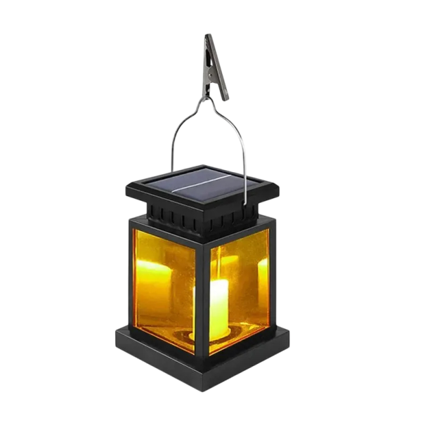 Felinar solar LED 12,5 × 9 cm cu 1 lumânare LED IP65, lumină suspendată de exterior, plastic ABS, pentru balcon, terasă, grădină, baterie 600 mAh 1