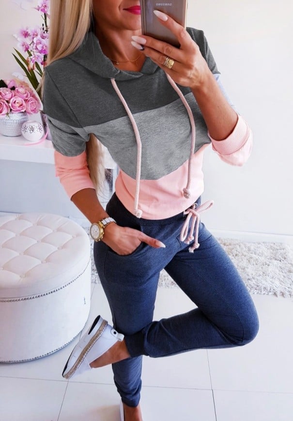 Felpa a righe da donna con cappuccio B16 grigio scuro XS
