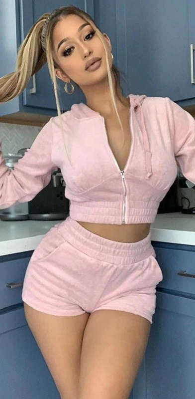 Felpa corta da donna e pantaloni shorts rosa L