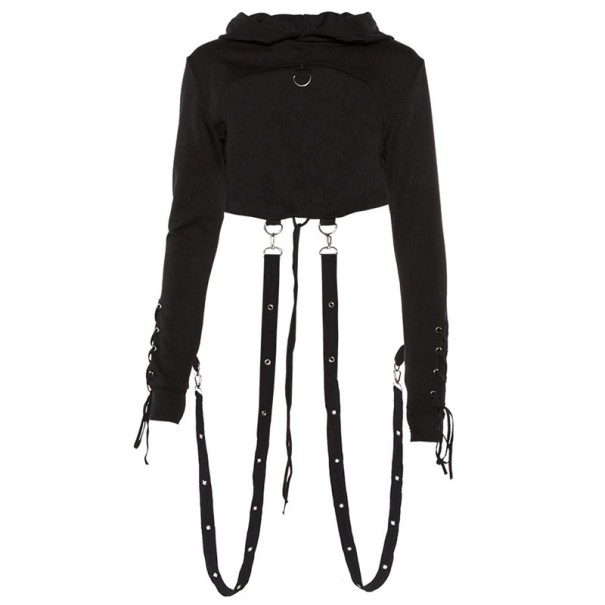 Felpa corta gotica da donna con cappuccio Lacci sulle maniche Cinturini appesi con occhielli metallici e moschettoni Manica lunga Nera Poliestere S