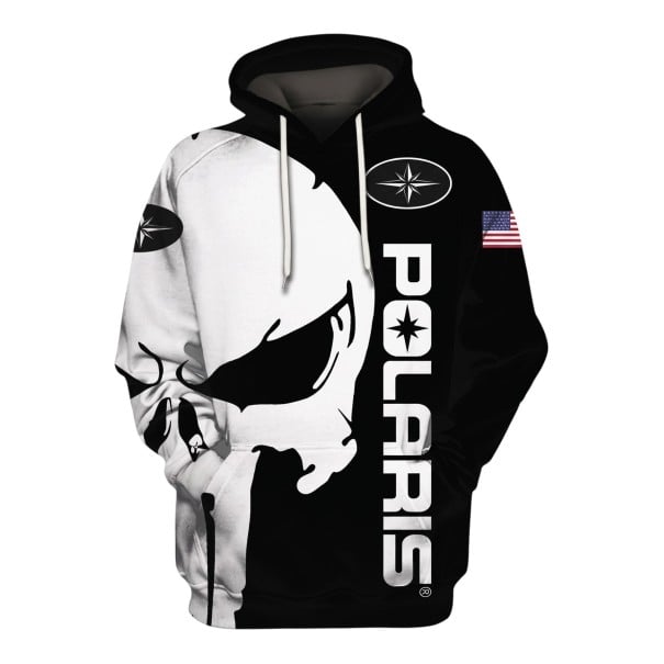 Felpa da uomo con cappuccio e lacci bianchi con stampa di teschio e bandiera americana sul maniche in stile motociclista bianco e nero XS