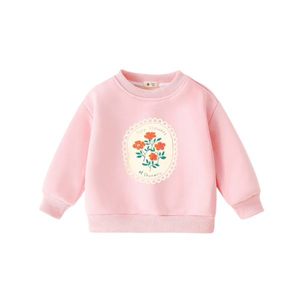 Felpa rosa per bambine con stampa di fiori e scollo rotondo a maniche lunghe e bordi a costine per ragazze 4