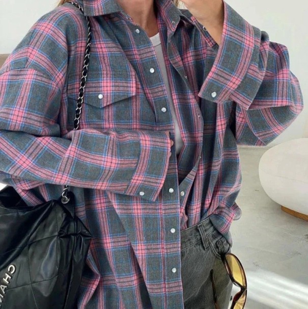 Femeii Vintage carouri mânecă lungă cămașă Lejeră supradimensionată Fit supradimensionat flanel talie bluză toamnă casual stil roz S