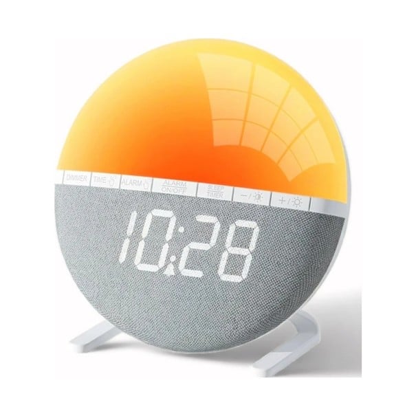 Fényjelző óra napfelkeltés szimulációval Színes RGB fény 7 ébresztő dallam Elalvás időzítő Átmérő 13 cm Szürke és fehér Éjjeli fény hálószobába 1
