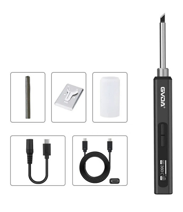 Fer à souder électrique intelligent 65 W Pistolet à souder avec température réglable 80-420°C Ensemble de fer à souder avec support, fil à souder, étui en silicone, câble de chargement USB-C et câble de connexion DC vers USB-C 17 x 1,75 cm 1