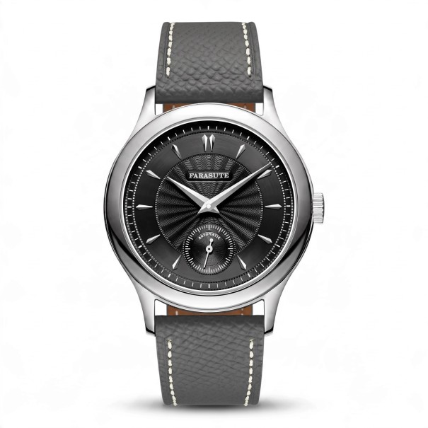 Férfi automata óra Farasute Luxusos guilloche mintás számlappal Vízálló 5 bar Átmérő 39 mm Rozsdamentes acél 316L Zafírüveg Bőr szíj fekete