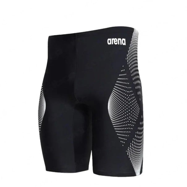 Férfi fekete fürdőnadrág fehér csíkokkal Lycra Testhezálló sportos szabás Rugalmas derék Fürdőnadrág strandra medencéhez arena felirattal XL
