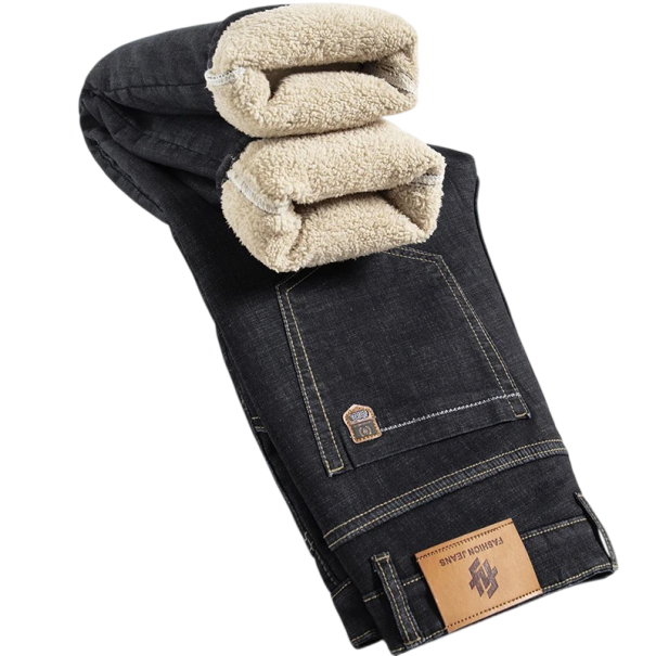 Férfi magas derekú farmernadrág, bélés, zsebek, egyszínű, pamut, spandex, poliészter fekete 36