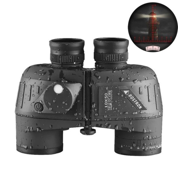 Fernglas 10x50 mit Kompass und Entfernungsmesser BaK4 FMC Optik wasserdicht 50 mm Objektiv Fadenkreuz für Wandern und Navigation schwarz