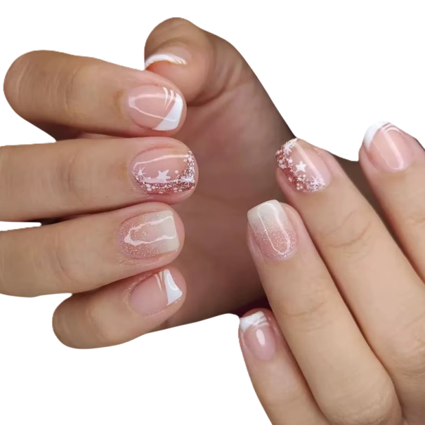 Festlig vinter sæt af kunstige negle 24 stk. Påsatte negle til hjemme manicure Firkantet form med stjerner og glimmer 1