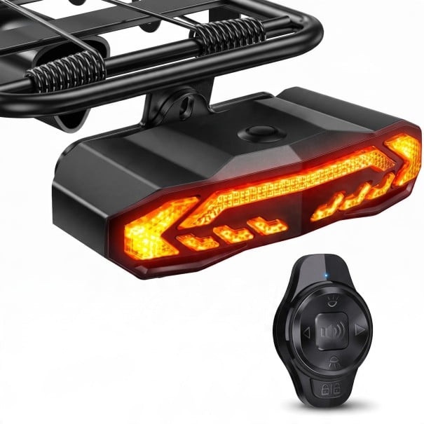 Feu arrière de vélo avec clignotants et alarme 110 dB Support pour porte-bagages arrière Télécommande ronde sans fil Feu de frein USB-C 2000 mAh IPX6 1