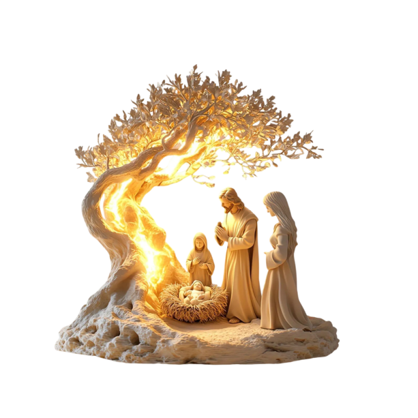 Figura decorativa Sagrada Familia bajo el árbol Decoración de hogar de plástico motivo religioso para mesa estante o cómoda beige