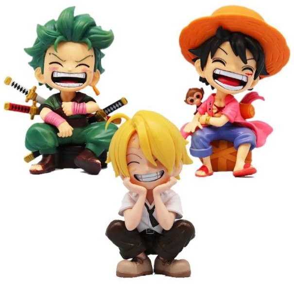 Figurines mignonnes One Piece 13 cm Ensemble de 3 personnages Anime Zoro Luffy Sanji Décoration de chambre Figurine de collection Cadeau pour les fans 1