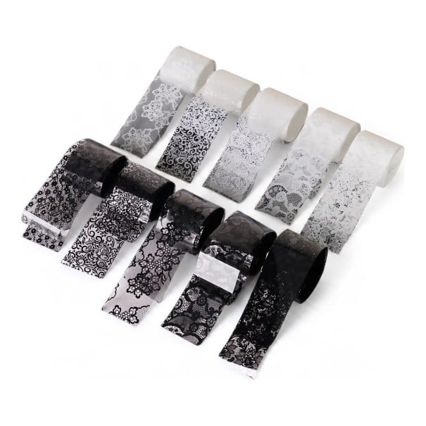 Fils de transfert pour ongles 10 rouleaux Motifs en dentelle et floraux 2,5 x 60 cm Noir et blanc Dans une boîte en plastique Pour nail 1