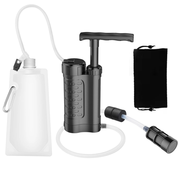 Filtru de apă de supraviețuire cu pompă 0,01 microni 3000L membrană goală UF furtunuri din silicon carbon activ sac de camping drumeții negru