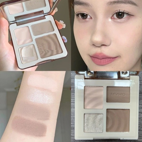 Firefarvet ansigtskonturpalet Kontureringspalet med highlighter Næse- og ansigtskonturering Mat og perlemorsagtig highlighter Firefarvet ansigtskonturpalet rosa