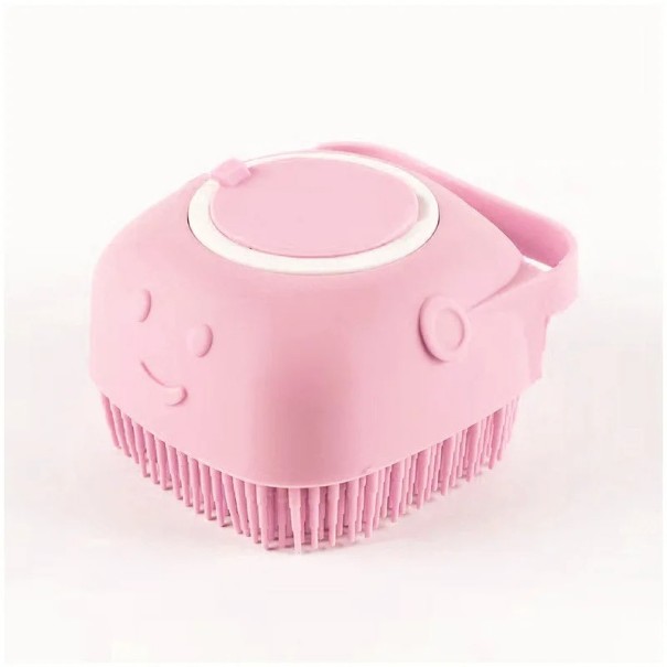 Firkantet massagebadebørste med et smil til hunde og katte 8x8,5x5,5 cm. Kæmbørste med shampoodispenser. Hårvaskebørste. Ergonomisk håndtag. rosa