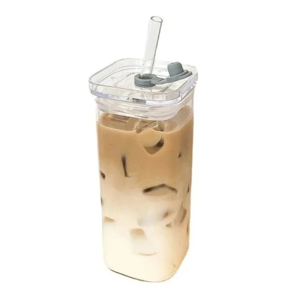 Firkantet transparent glas 400 ml lavet af varmebestandigt glas med låg og sugerør. Glas til kaffe, smoothies, limonade, te, kolde drikke 1