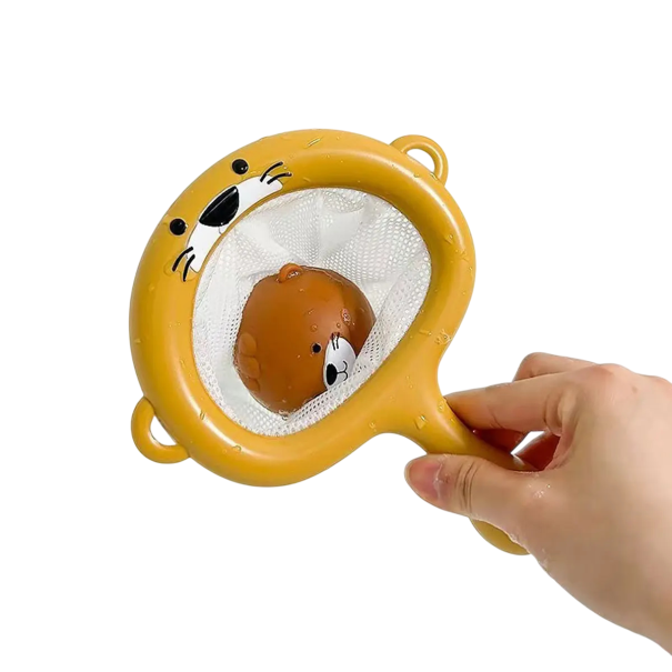 Fischernetz für Wasser 15,5 x 18,5 cm Beige Otter mit hellweißer Netze und weichem Ball 6,5 cm Badewannenspielzeug Zufällige Ballfarbe 1