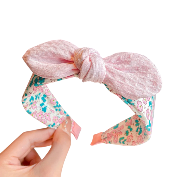 Fita de cabelo com padrão floral e laço de cor sólida Tamanho universal Fita de tecido para o cabelo Acessório elegante para mulheres rosa