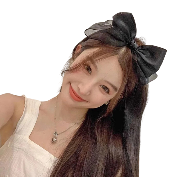 Fita de cabelo preta com laço Tamanho universal Fita de cetim elegante Acessório de cabelo festivo para baile, casamento e fotografias 1