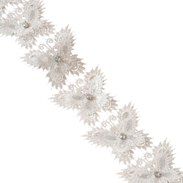 Fita de renda com lantejoulas e padrão de borboletas e strass 6 cm x 1 m Fita decorativa em poliéster para adornar vestidos, roupas e acessórios 1