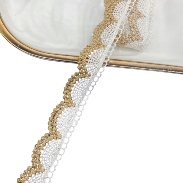 Fita de renda floral 2,1 cm x 91 cm Fita branca com borda dourada Renda decorativa Poliéster e algodão Fita para casamentos embalagem de presentes 1