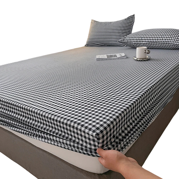 Fitted Sheet 100 x 200 x 20 cm Elastic Mattress Sheet Cotton Polyester Non-Slip with Elastic Edging Fine Check Pattern black