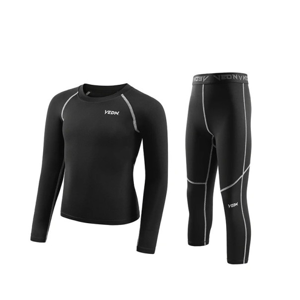 Fiú sportos szett Kompressziós hosszú ujjú póló és leggings O nyakkivágás Funkcionális edző szett fekete 14