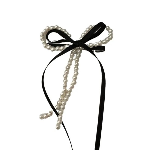 Fivela de cabelo em pérola para senhora Laço e pérolas Fivela elegante tipo duckbill Acessório de cabelo romântico preto