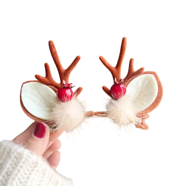 Fivelas de Natal com Paroques de Rena e Orelhas, Berrinho Vermelho e Pom-Pom Branco Acessório Estiloso para Penteado de Natal e Fotografia castanho