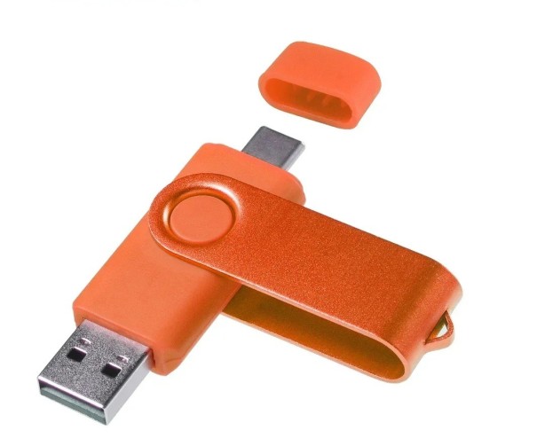 Flash disk 128 GB USB 2.0, dual port, konektor typu C a USB A, voděodolný, prachuvzdorný, kompaktní design oranžová
