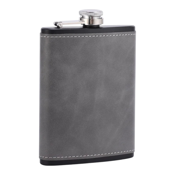 Flask de whisky 230 ml Aço inoxidável com cobertura de pele sintética Tampa rosqueada com suporte À prova de fugas Presente para homens cinzento