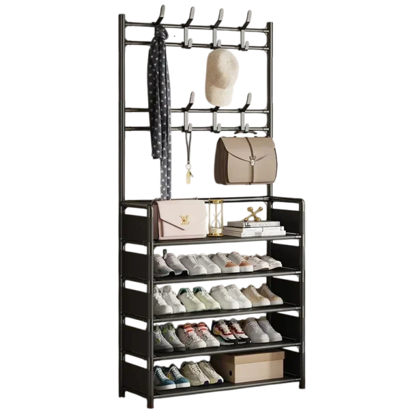 Flerlags tøj- og skohylde, 5 hylder og 8 kroge, stående plastikgulvorganisator, mål 169 x 60 x 25 cm sort