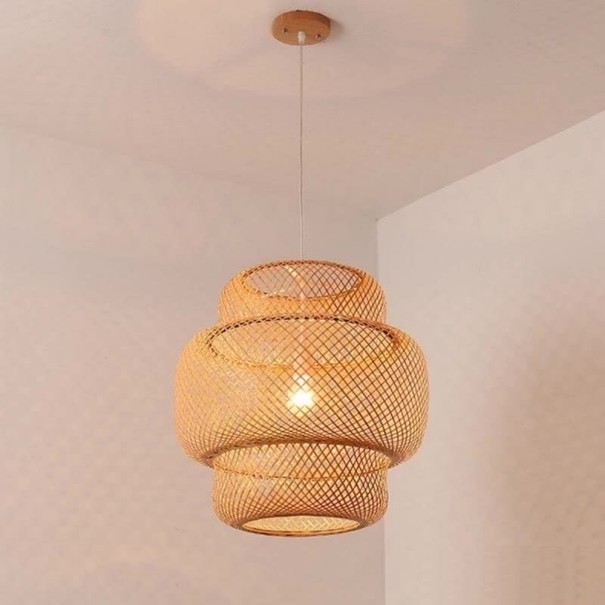 Flettet pendellampe E27 pære håndlavet træhængende lysekrone til hjemmet bambusdekoration håndvævet lampe 33 x 30 cm 1