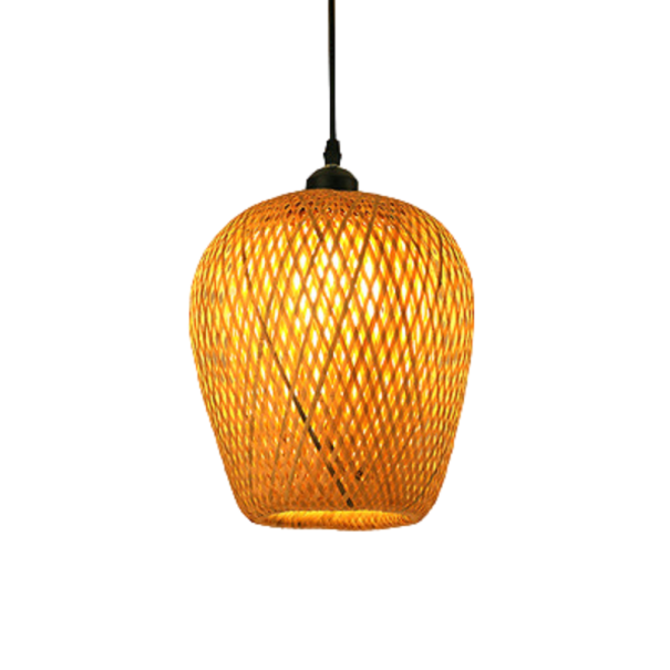 Flettet pendellampe med sort hængende tråd, træhængende lysekrone med E27 LED-pære, hjemmedekoration, håndvævet, naturlig rørlampe, 19 x 26 cm 1