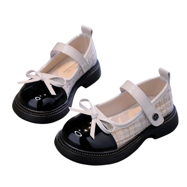 Flickors Mary Jane ballerinas med rosett Kontrastlackad tå i PU-läder Rem över foten med knapp Tjockare gummisula för fester beige 35