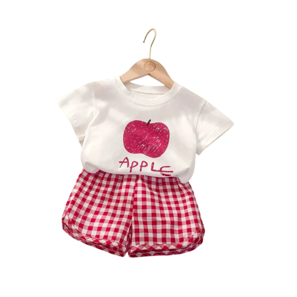 Flickors sommarset t-shirt med kort ärm och rutiga shorts Rundad hals Frukttryck Bekväma kläder för flickor röd 4