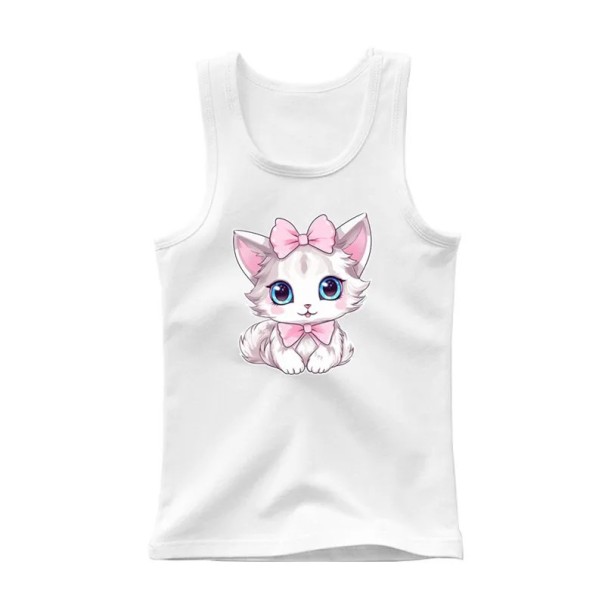 Flickors sommartopp utan ärmar 100% bomull Enfärgad t-shirt med tecknad katt Söt prinsesstop för barn Bekväm i olika färger vit 12