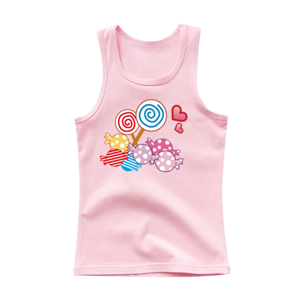 Flickors sommartopp utan ärmar 100% bomull Enfärgad t-shirt med tecknat motiv av klubbor och godis Söt topp för barn Olika färger rosa 12