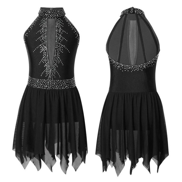 Flicktansklänningar med glittrande stenar och asymmetrisk kjol polyester elastan för uppträdande och dans svart 6