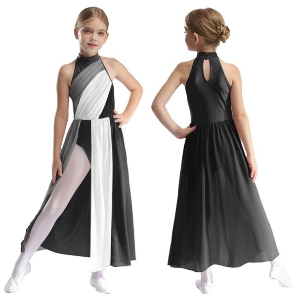 Flicktansklänningar med lång chiffonskjol polyester chiffong kläder för scenisk dans och uppträdanden svart 5-6 år