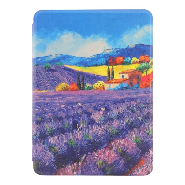 Flipcase 6 inch voor Kindle 10e generatie 2019 met geschilderd lavendelveld en huisje onder de blauwe lucht en met band en folie 1