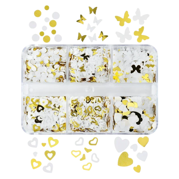 Flitre 3-4g Sada 6 rôznych tvarov Farebné dekoračné flitre na nechty, tvorenie, scrapbooking, slime, šperky a DIY ozdoby mix