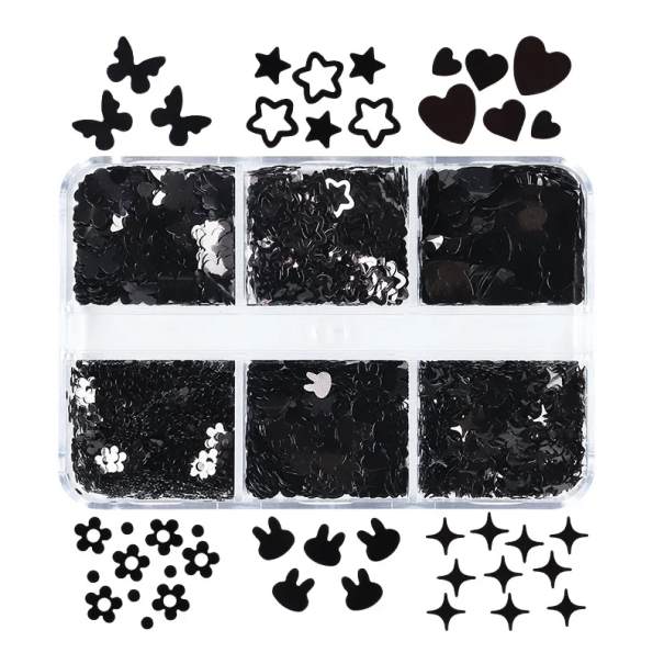 Flitter 3-4g 6 forskellige former Glitrende flitter til dekoration Negle DIY Kunst Dekoration Tøj Smykkeproduktion Håndarbejde sort