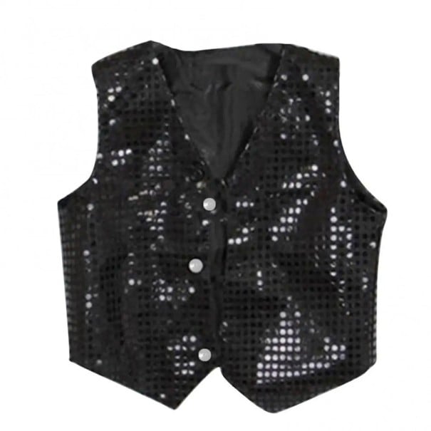 Flonkerende vest voor jongens en meisjes Street Dance Hip-hop kostuum In glanzende stijl V-hals Effen katoenen en nylon vest voor dansshows zwart 13
