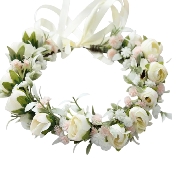 Floral Hair Crown White Garden Roses and Small Flowers Romantic Hair Accessory with White Ribbon Festive Floral Crown 1