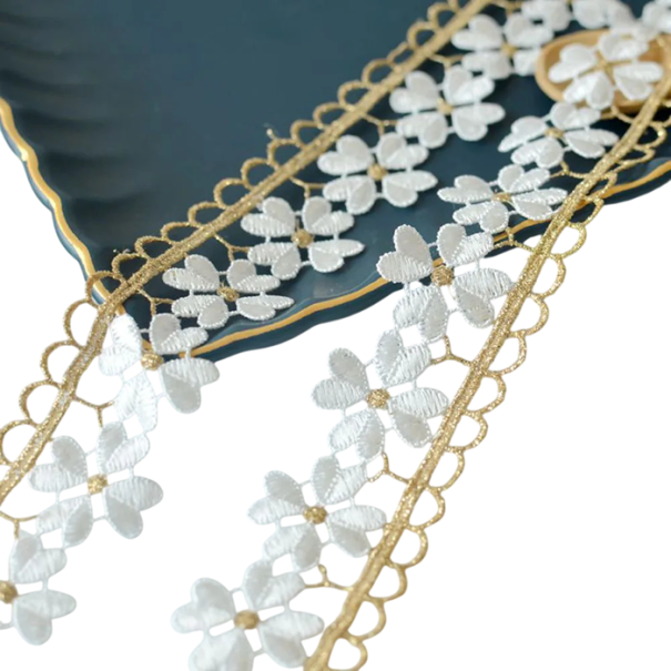 Floral Lace Ribbon with Gold Edge 3.5 cm x 91 cm Polyester and Cotton Blend Decorative Ribbon for Adorning Dresses, Garments and Accessories 1