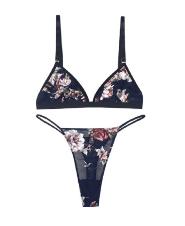 Floral Set - Bra and Brazilian Knickers black M