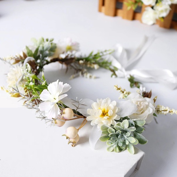 Flower Crown for Hair Universal Size White Wildflowers and Succulents Natural Boho Composition with Tying Ribbon 1